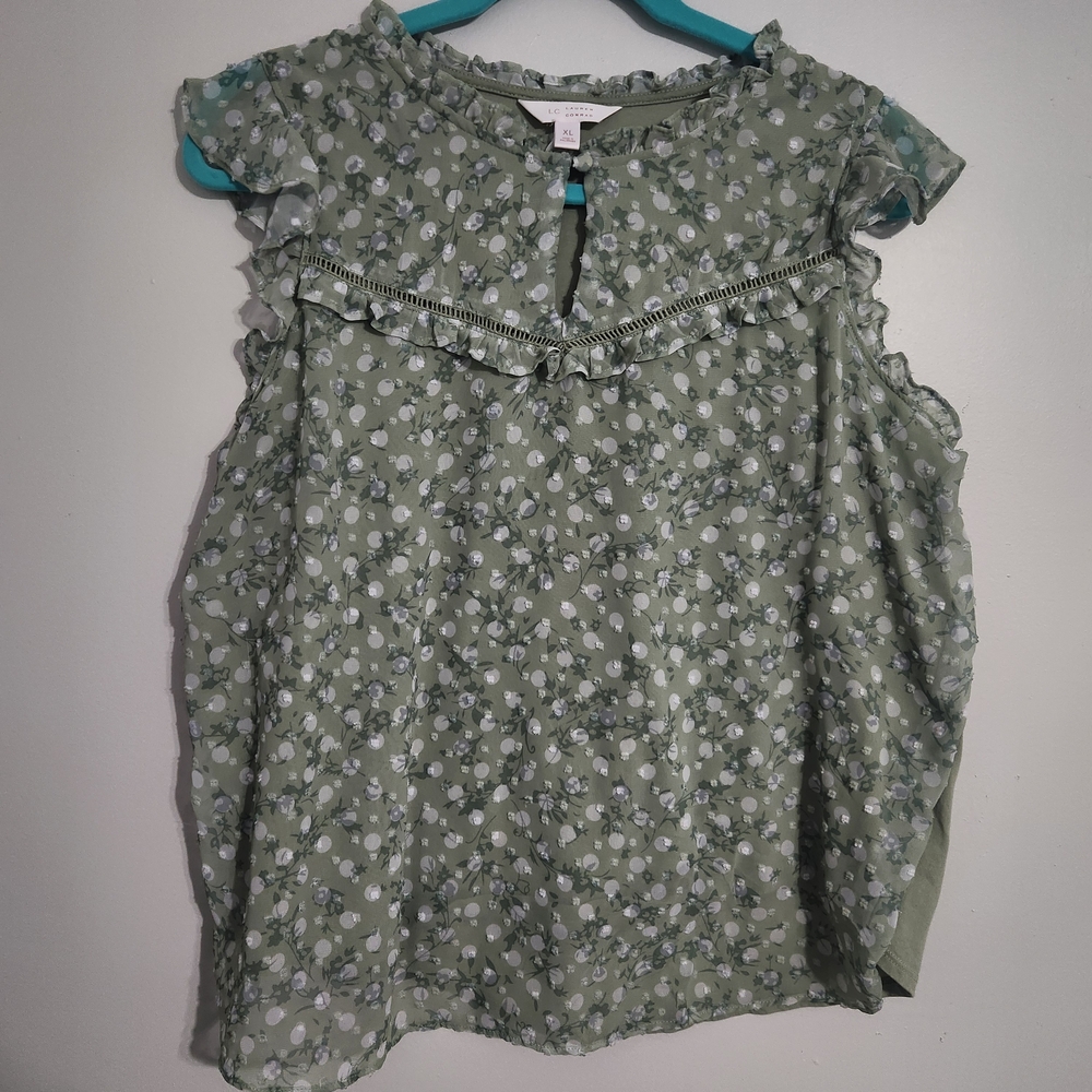 LC Lauren Conrad Green Floral Ruffle Sleeveless Blouse, size XL